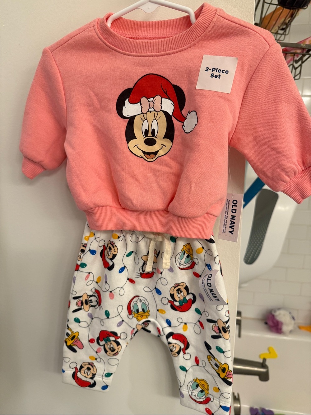 Old Navy Pink Minnie Mouse Sweatshirt and White Holiday Joggers Set